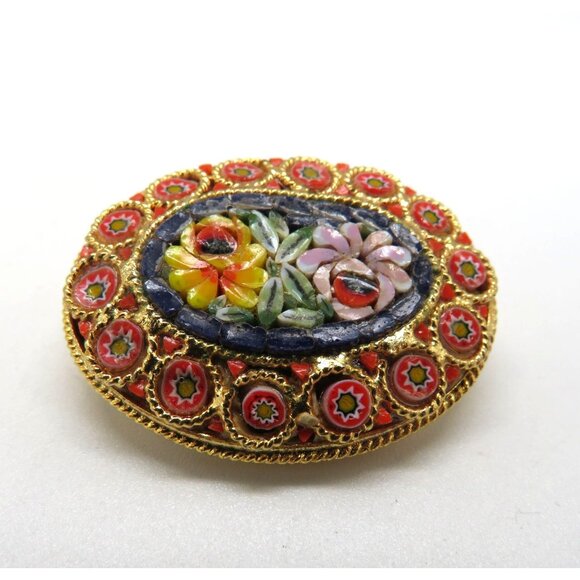 Vintage Italian Micro Mosaic Floral Brooch Millefiori Pin Gold Tone Oval Shape - Picture 3 of 13